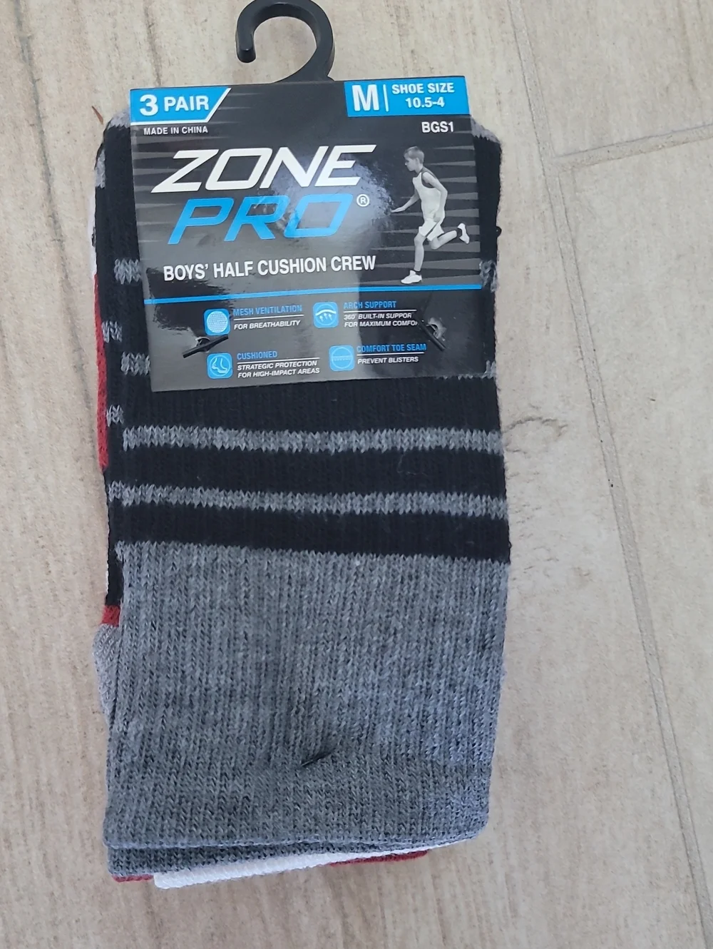 Zone Pro Boys' Half Cushion Crew Socks - Gray, Black, Red (3 Pair)